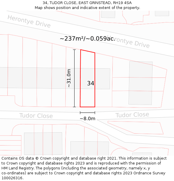 34, TUDOR CLOSE, EAST GRINSTEAD, RH19 4SA: Plot and title map