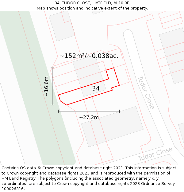 34, TUDOR CLOSE, HATFIELD, AL10 9EJ: Plot and title map