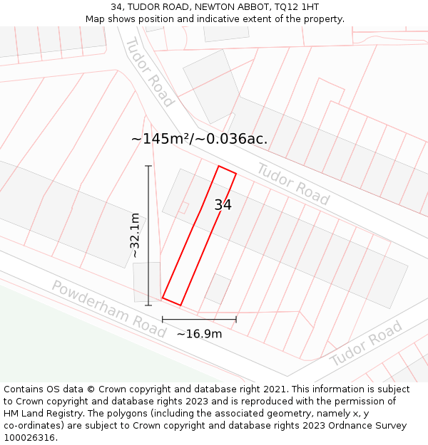 34, TUDOR ROAD, NEWTON ABBOT, TQ12 1HT: Plot and title map