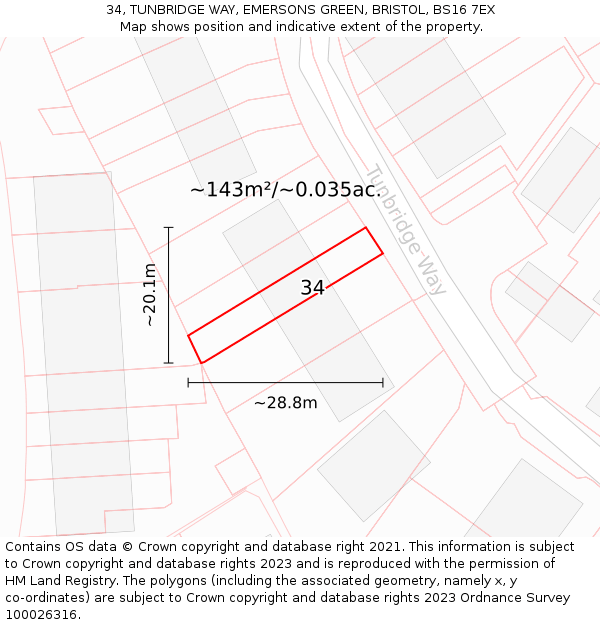 34, TUNBRIDGE WAY, EMERSONS GREEN, BRISTOL, BS16 7EX: Plot and title map