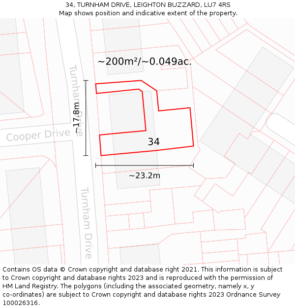 34, TURNHAM DRIVE, LEIGHTON BUZZARD, LU7 4RS: Plot and title map
