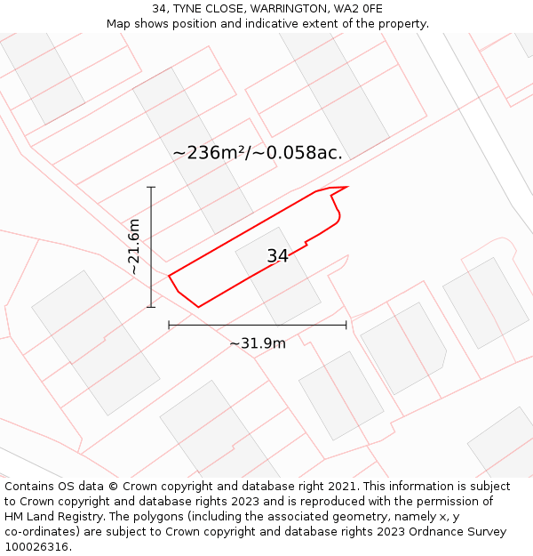 34, TYNE CLOSE, WARRINGTON, WA2 0FE: Plot and title map