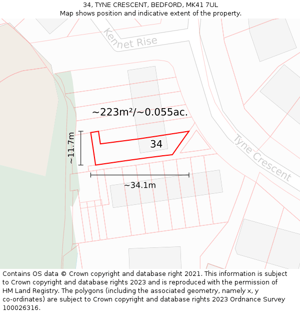 34, TYNE CRESCENT, BEDFORD, MK41 7UL: Plot and title map