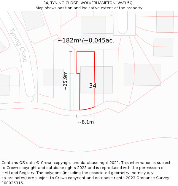34, TYNING CLOSE, WOLVERHAMPTON, WV9 5QH: Plot and title map