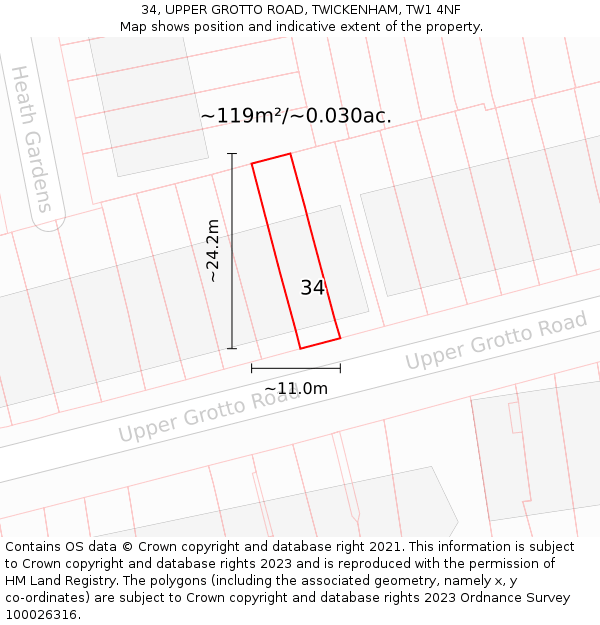 34, UPPER GROTTO ROAD, TWICKENHAM, TW1 4NF: Plot and title map