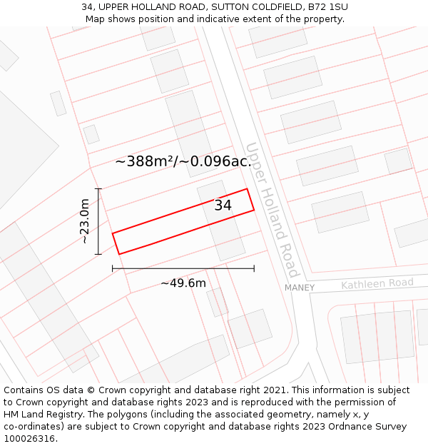 34, UPPER HOLLAND ROAD, SUTTON COLDFIELD, B72 1SU: Plot and title map