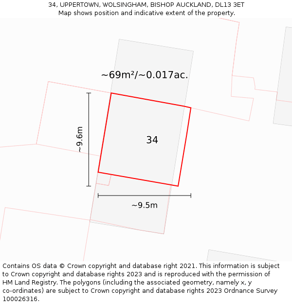34, UPPERTOWN, WOLSINGHAM, BISHOP AUCKLAND, DL13 3ET: Plot and title map