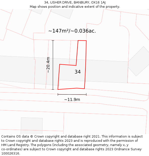 34, USHER DRIVE, BANBURY, OX16 1AJ: Plot and title map