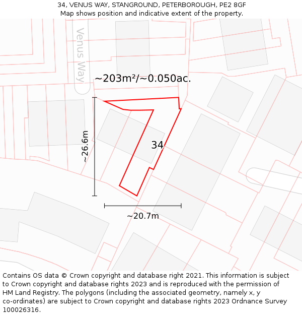 34, VENUS WAY, STANGROUND, PETERBOROUGH, PE2 8GF: Plot and title map
