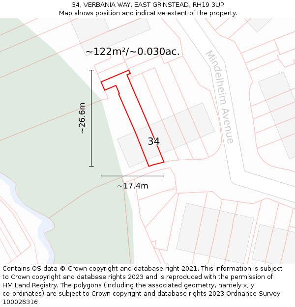34, VERBANIA WAY, EAST GRINSTEAD, RH19 3UP: Plot and title map