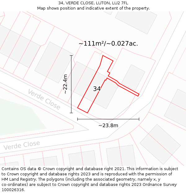 34, VERDE CLOSE, LUTON, LU2 7FL: Plot and title map