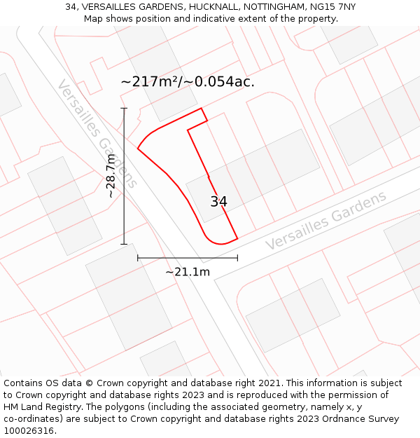 34, VERSAILLES GARDENS, HUCKNALL, NOTTINGHAM, NG15 7NY: Plot and title map