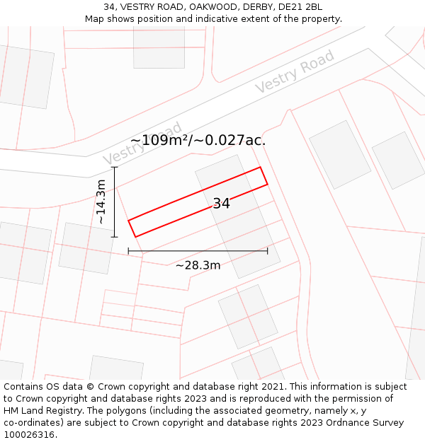 34, VESTRY ROAD, OAKWOOD, DERBY, DE21 2BL: Plot and title map