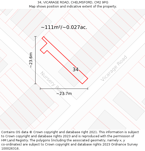 34, VICARAGE ROAD, CHELMSFORD, CM2 9PG: Plot and title map
