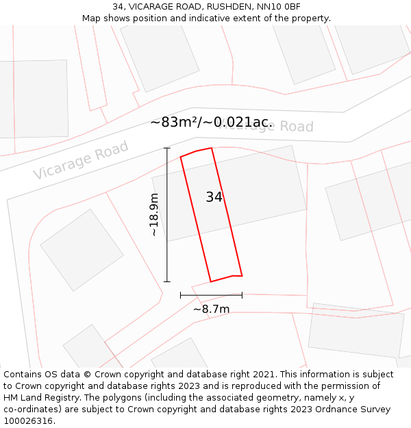 34, VICARAGE ROAD, RUSHDEN, NN10 0BF: Plot and title map