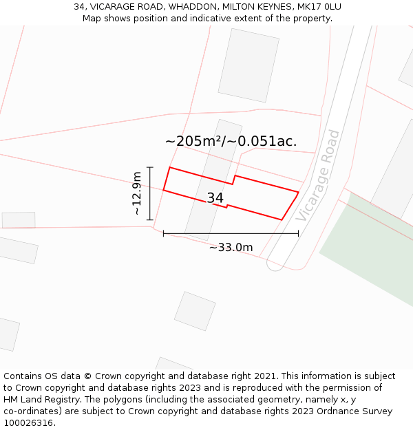 34, VICARAGE ROAD, WHADDON, MILTON KEYNES, MK17 0LU: Plot and title map