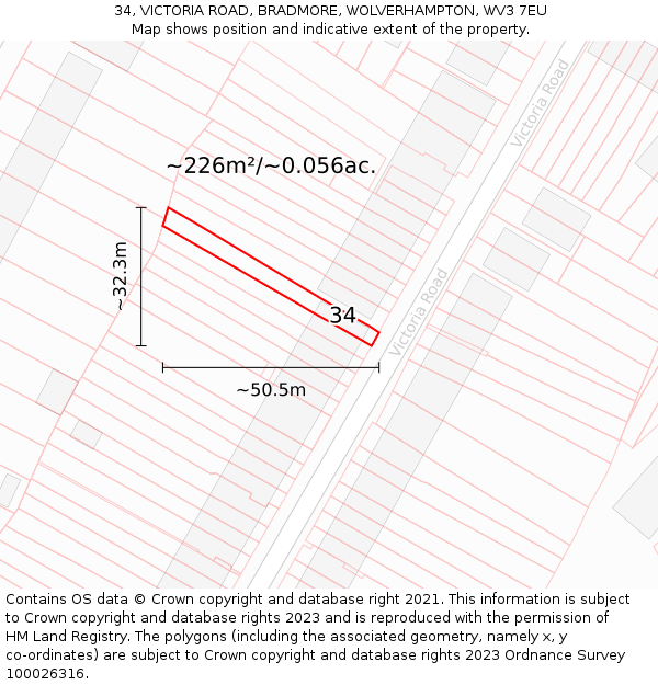 34, VICTORIA ROAD, BRADMORE, WOLVERHAMPTON, WV3 7EU: Plot and title map