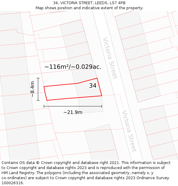 34, VICTORIA STREET, LEEDS, LS7 4PB: Plot and title map