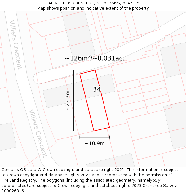 34, VILLIERS CRESCENT, ST ALBANS, AL4 9HY: Plot and title map
