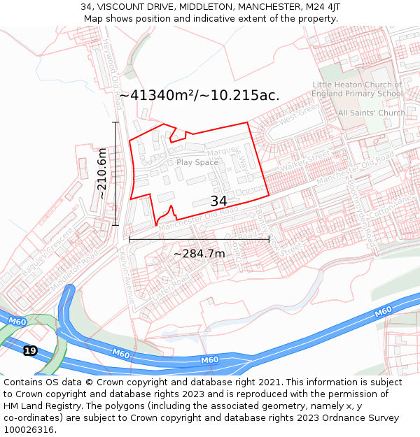 34, VISCOUNT DRIVE, MIDDLETON, MANCHESTER, M24 4JT: Plot and title map