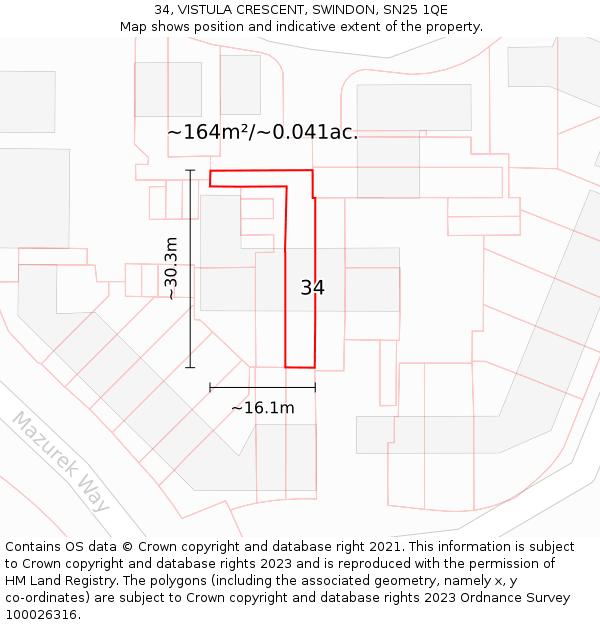 34, VISTULA CRESCENT, SWINDON, SN25 1QE: Plot and title map