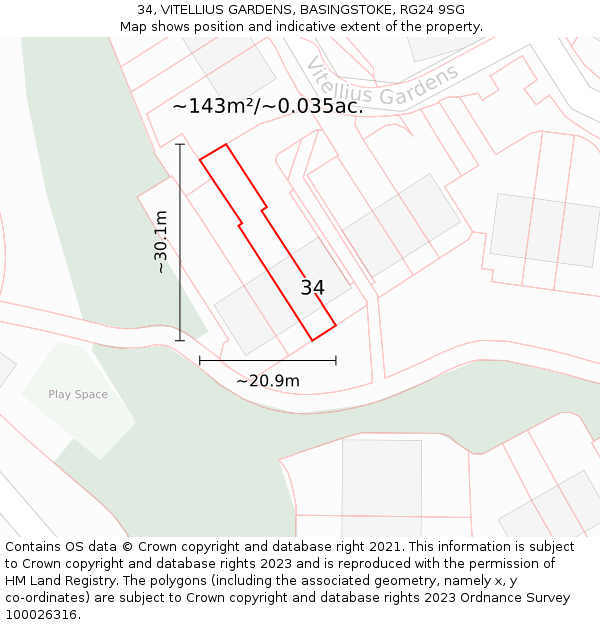 34, VITELLIUS GARDENS, BASINGSTOKE, RG24 9SG: Plot and title map