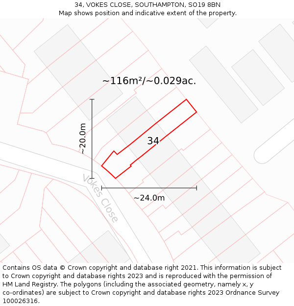34, VOKES CLOSE, SOUTHAMPTON, SO19 8BN: Plot and title map
