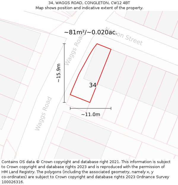 34, WAGGS ROAD, CONGLETON, CW12 4BT: Plot and title map