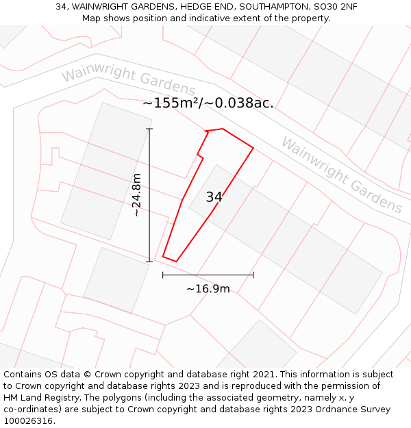 34, WAINWRIGHT GARDENS, HEDGE END, SOUTHAMPTON, SO30 2NF: Plot and title map