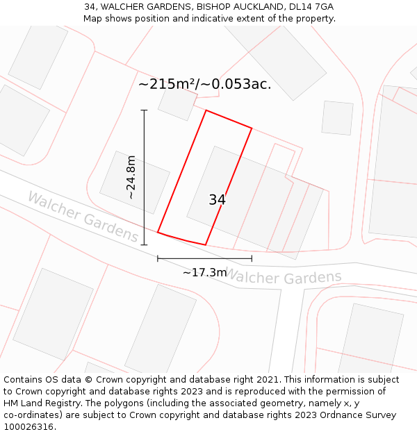 34, WALCHER GARDENS, BISHOP AUCKLAND, DL14 7GA: Plot and title map