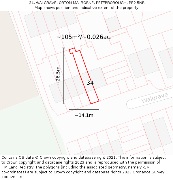 34, WALGRAVE, ORTON MALBORNE, PETERBOROUGH, PE2 5NR: Plot and title map