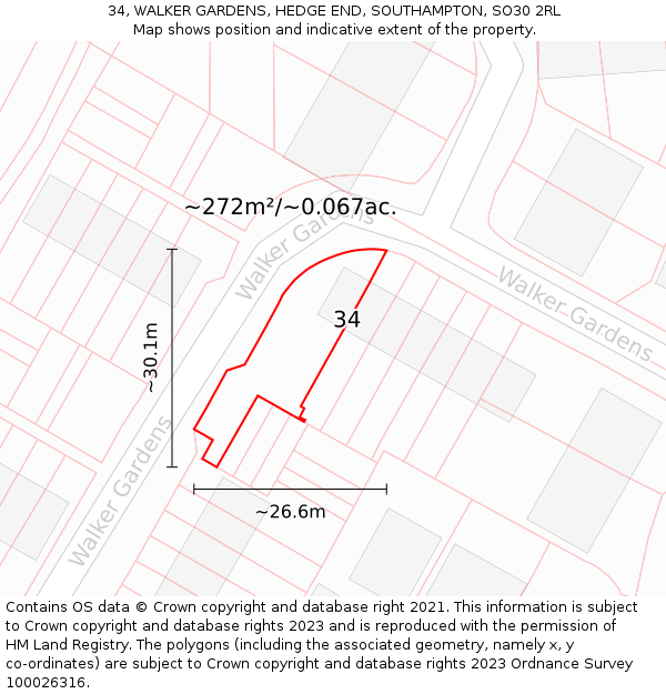 34, WALKER GARDENS, HEDGE END, SOUTHAMPTON, SO30 2RL: Plot and title map
