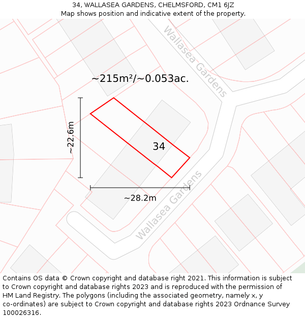 34, WALLASEA GARDENS, CHELMSFORD, CM1 6JZ: Plot and title map