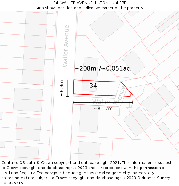34, WALLER AVENUE, LUTON, LU4 9RP: Plot and title map