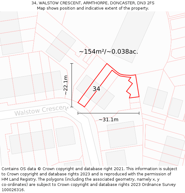 34, WALSTOW CRESCENT, ARMTHORPE, DONCASTER, DN3 2FS: Plot and title map