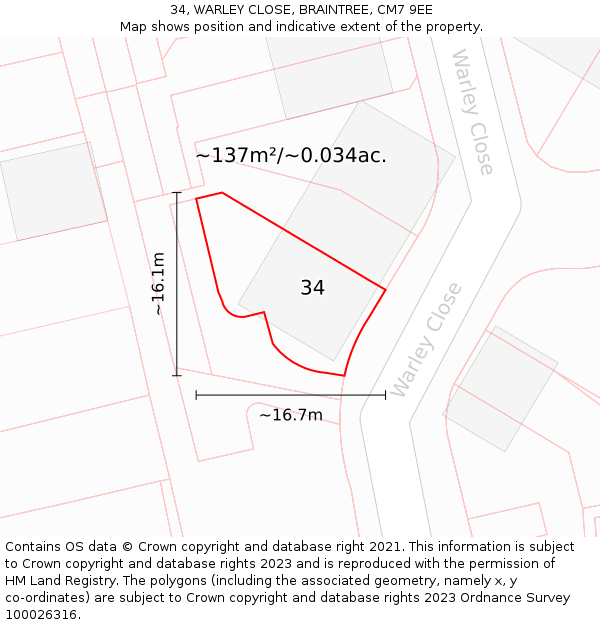 34, WARLEY CLOSE, BRAINTREE, CM7 9EE: Plot and title map