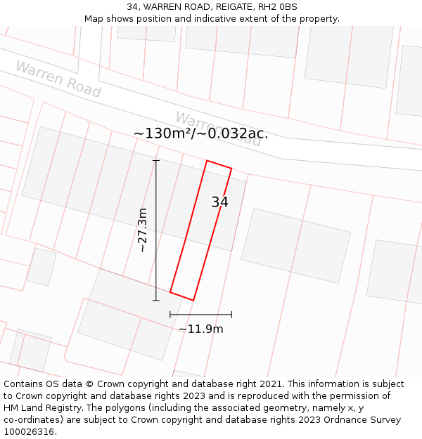 34, WARREN ROAD, REIGATE, RH2 0BS: Plot and title map