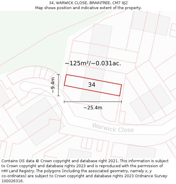 34, WARWICK CLOSE, BRAINTREE, CM7 9JZ: Plot and title map