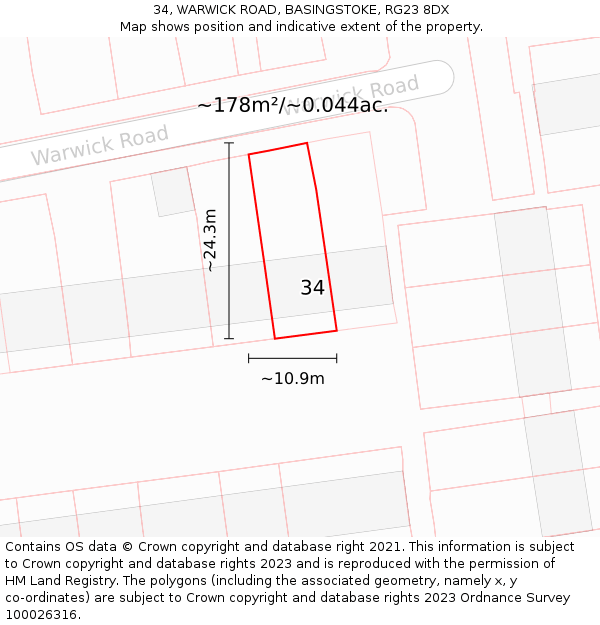 34, WARWICK ROAD, BASINGSTOKE, RG23 8DX: Plot and title map