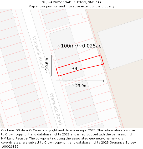 34, WARWICK ROAD, SUTTON, SM1 4AP: Plot and title map