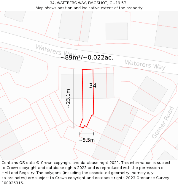 34, WATERERS WAY, BAGSHOT, GU19 5BL: Plot and title map