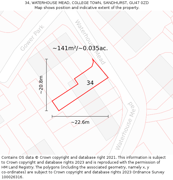 34, WATERHOUSE MEAD, COLLEGE TOWN, SANDHURST, GU47 0ZD: Plot and title map
