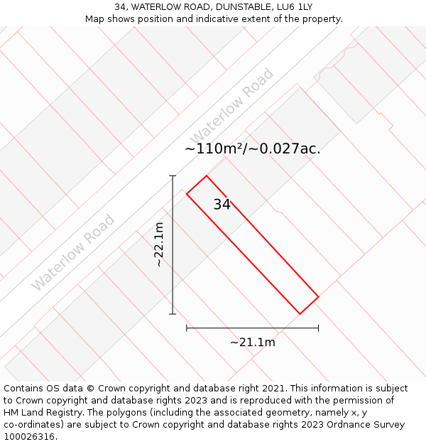 34, WATERLOW ROAD, DUNSTABLE, LU6 1LY: Plot and title map