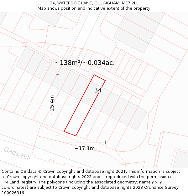 34, WATERSIDE LANE, GILLINGHAM, ME7 2LL: Plot and title map