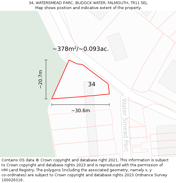 34, WATERSMEAD PARC, BUDOCK WATER, FALMOUTH, TR11 5EL: Plot and title map