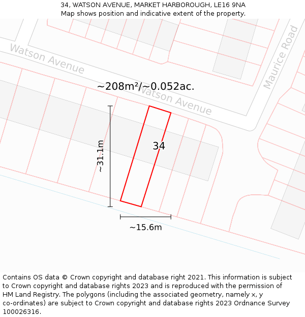 34, WATSON AVENUE, MARKET HARBOROUGH, LE16 9NA: Plot and title map