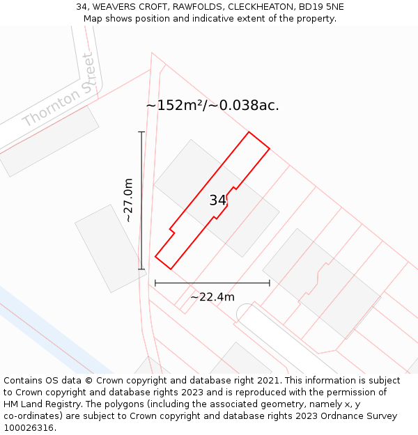 34, WEAVERS CROFT, RAWFOLDS, CLECKHEATON, BD19 5NE: Plot and title map