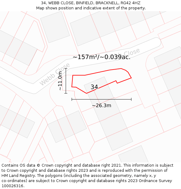 34, WEBB CLOSE, BINFIELD, BRACKNELL, RG42 4HZ: Plot and title map