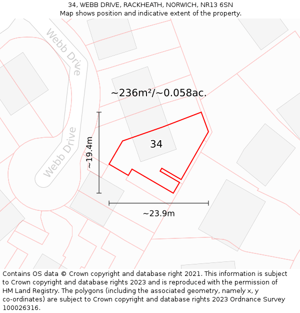 34, WEBB DRIVE, RACKHEATH, NORWICH, NR13 6SN: Plot and title map
