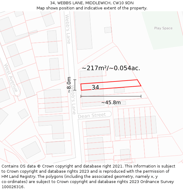 34, WEBBS LANE, MIDDLEWICH, CW10 9DN: Plot and title map